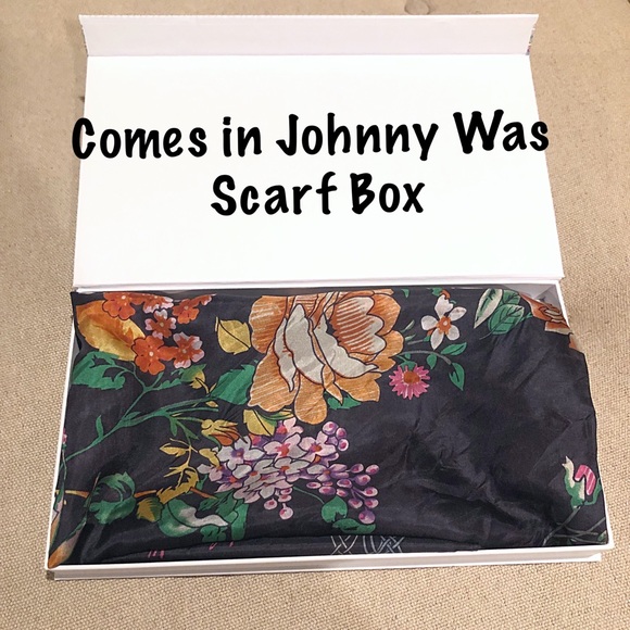 Johnny Was Black Floral 42” Scarf With 3 Tassels Each Corner, NWOT, DISC. Box - Picture 8 of 8